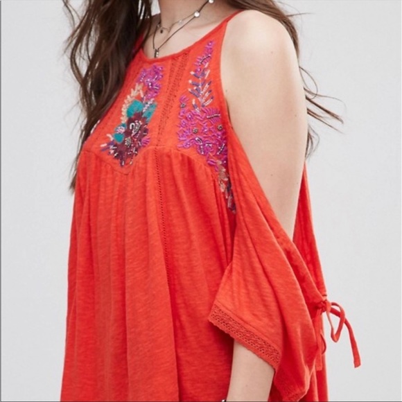 Free People Fast Time Embroidered Beaded Cold Shoulder Top - Picture 2 of 4